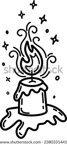 Vector illustration of a burning candle and sparks. Black and white illustration. A burning paraffin candle in the dark. A spark of flame. Vector isolated illustration.