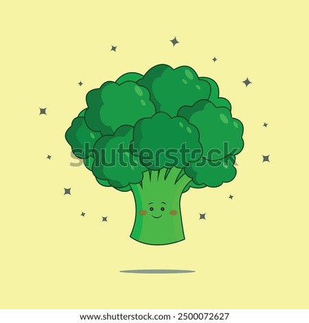 The character is a cheerful broccoli. Cartoon mascot of broccoli in vector. A pretty, happily smiling broccoli. Vector flat illustration, design, menu, background.