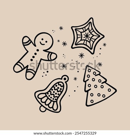 A set of Christmas cookies on a beige background. Collection. Stock vector illustration. A hand-drawn drawing. Individual postcards, cafe design, pastry shop, for Valentine's Day.