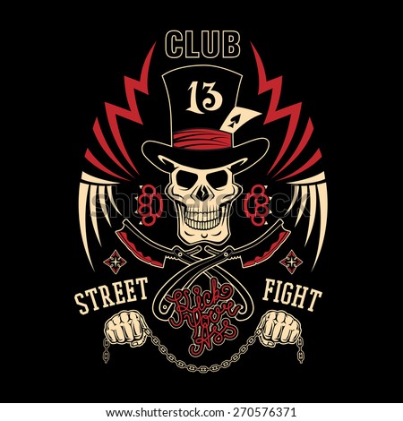 Colored vector illustration street fighting club emblem with cylinder hat, skull, brass knuckles, razors, stars and inscription. 