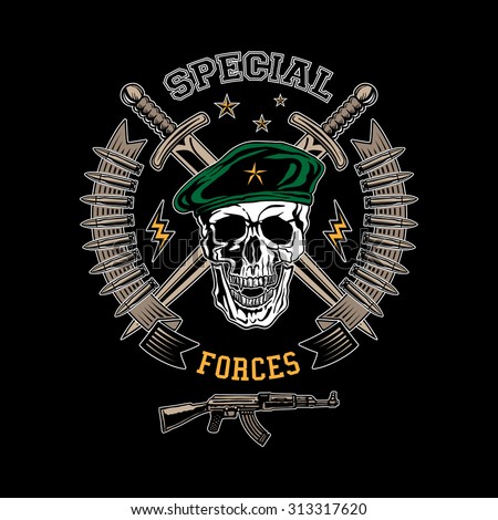 Special forces colored emblem with skull, daggers and gun.