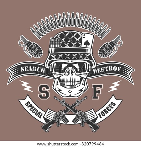 Military emblem with skull, guns, grenades, ammunition and helmets.
