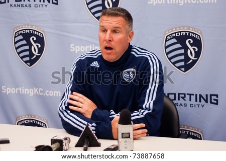 KANSAS CITY, MO-MAR 24:Sporting KC head coach Peter Vermes answers questions during the team\'s weekly press conference inside the player\'s lounge at the training facility March 24, 2011 in Kansas City