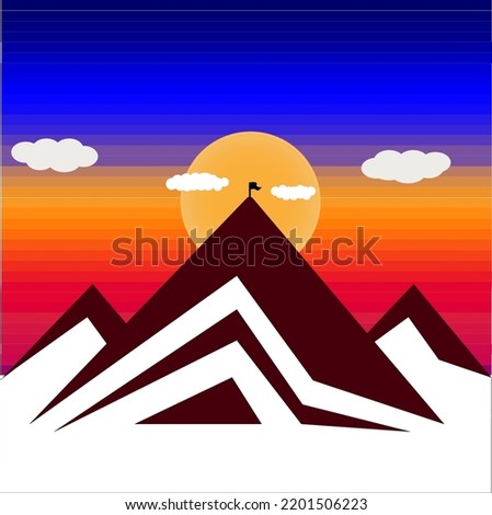 three mountains and a sunset and sunrise and a flag on top, a wood on the peak of the ridge, sunset, moonset, full moon in the middle of the mountain, sunset and a flag, mount everest, brown ridge.