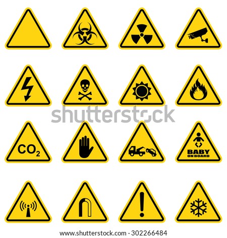 Hazard sign set for biological threat , radiation , cctv , electricity , sun danger , fire , co2 , entry , tow away , baby on board , radio emissions , warring and snow . Vector Illustration