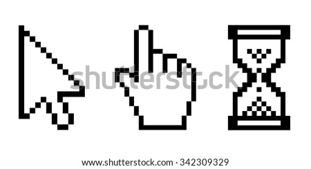 Cursor , cursor hand pointer and sand clock pixel icon set . Vector illustration