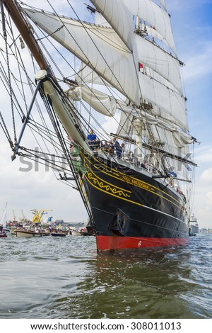 Port of Amsterdam, Noord-Holland/Netherlands - August 19-08-2015 -Tall ship the Stad Amsterdam is sailing from IJmuiden to Amsterdam during the big event SAIL. SAIL is the biggest nautical event ever.