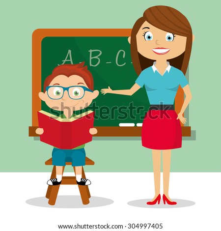 Cartoon Teacher And Students Reading A Book Stock Vector Illustration ...