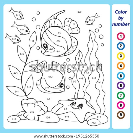 Math education for little children. Coloring book. Mathematical exercises on addition and subtraction. Solve examples and paint the marine fish. Developing counting skills. Worksheet for kids.