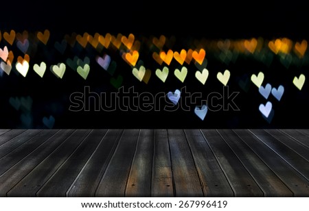 Dreaming Night Location at Balcony Wooden Plate With Sweet Heart Bokeh - Blurry Texture Background