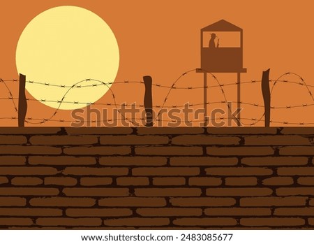 Prison Wall with Guard Tower Silhouette. Military seclusion and restricted areas concept vector