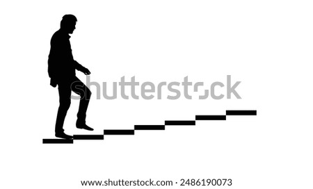 Silhouette of Man Walking up the Stairs Isolated on White. Road to success and prosperity in business concept vector art