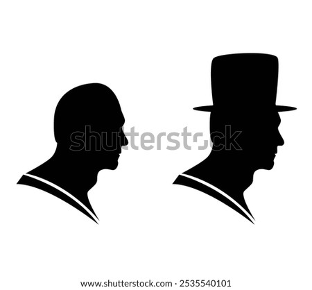 Male Bust Silhouette with and without Hat. People, body parts and fashion concept vector art