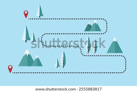 Map of a Hiking Route Among Winter Forests and Mountains. Landscapes and outdoor adventures vector art