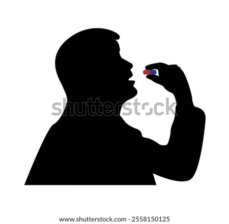 Bust Silhouette of a Man Taking a Pill. Health care and medicine concept vector art