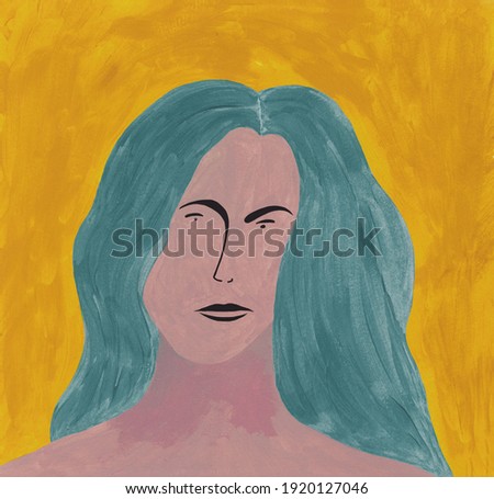 Portrait woman with long blue turquaise hair and yellow background 