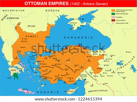 Ankara War Map, the Ottoman Empire at its greatest extent in 1402, and Turkey today. Vector illustration.