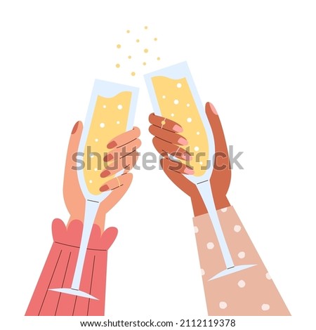 Hands holding glasses of champagne and clinking. Flat vector illustration isolated on white background