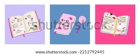 Notebooks, Organizers in y2k style for to do lists, personal plans, goals. Pink burn book. Diary with stick notes, bookmarks, fluffy pen. Set of three isolated Hand drawn modern Vector illustrations