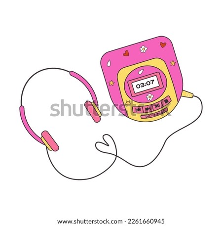 CD player in y2k, 1990s, 1980s graphic design. Comic element for sticker, poster, graphic print, bullet journal cover, card. Bright colors. Flat Vector illustration.