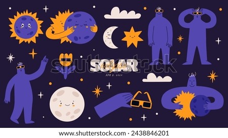 A set of hand drawn solar eclipse elements, as well as silhouettes of people in solar eclipse glasses. Abstract modern fashion vector illustration. Colorful palette. All elements isolated