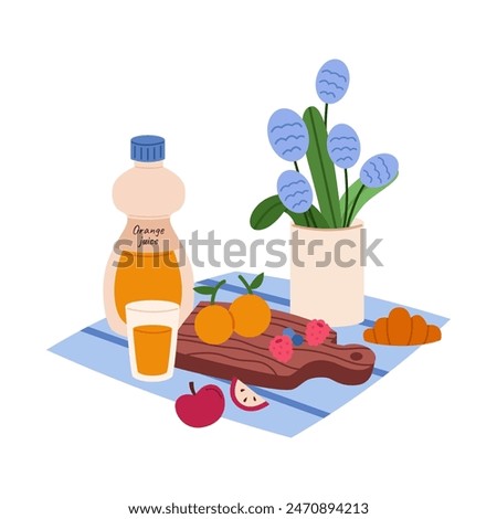 Summer outdoor picnic concept. Orange juice, fruits and berries on blanket. Flat vector illustration isolated on white background.