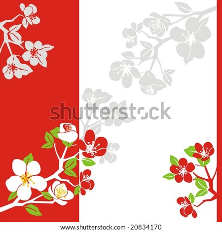 Composition from blossoming branches of an apple-tree on a red-white background with grey elements