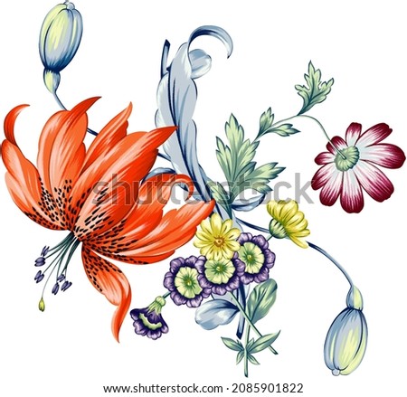 A beautiful Red botanical flower illustration with dry brush detail new idea for textile design 