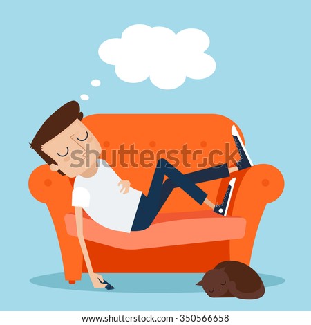 Image, Stock Photo Tired boy and cat sleeping on bed