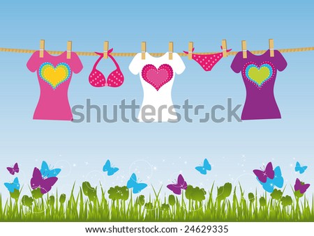 Clothes hanging on a rope on field background. All elements are on separate layers and can be easily edited.
