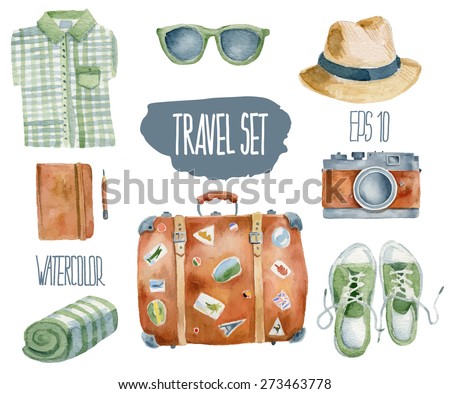 Travel set. Vector watercolor illustration.