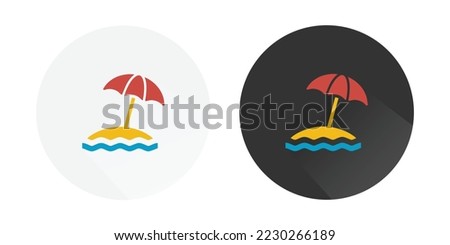 Beach umbrella icon, tourism icon, Island with beach, umbrella, ocean and sunshine icon, beach logo Colorful vector icons