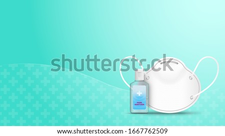 Alcohol Gel Hand Sanitizer and Disposable Hygienic or medical Mask on green background . Vector illustration . 