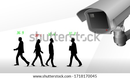 Vector illustration of a thermal camera or CCTV looking for sick people  .  body heat or fever control .  
