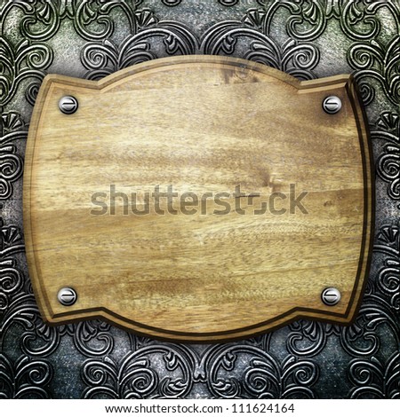 steel metal background with wooden plaque