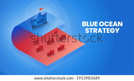 Isometric blue ocean strategy is comparison 2 market; red ocean and blue ocean market and customer for marketing analysis and plan. The origami presentation metaphor pioneer market has no competition 