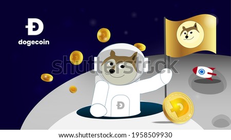 Dogecoin to the moon is gme stock in cryptocurrency market like a blockchain digital exchange in the future. The banner has a Shiba inu on the spaceship took dogecoins to the moon with a golden flag 