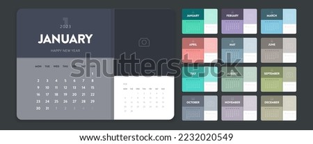 Creative minimal business monthly 2023 Calendar template vector. Desk, wall calendar for print, digital calendar or planner. Week start on Monday. Simple modern annual calendar layout design elements.