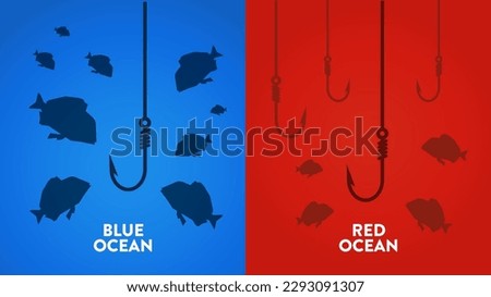 The Blue Ocean Strategy presentation is vector infographic element of marketing. The red has bloody mass competition and the blue is niche market. Competitive market space with opportunity concepts.