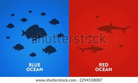 The Blue Ocean Strategy presentation is vector infographic element of marketing. The red has bloody mass competition and the blue is niche market. Competitive market space with opportunity concepts.