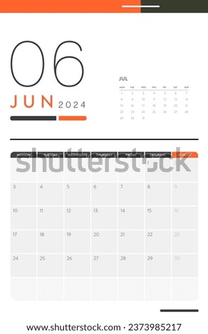 Creative minimal business monthly 2024 Calendar template vector. Desk, wall calendar for print, digital calendar or planner. Week start on Monday. Annual calendar layout design elements. 6 June.