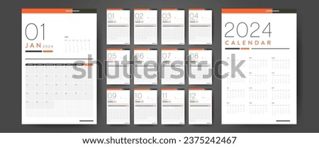 Creative minimal business monthly 2024 Calendar template vector. Desk, wall calendar for print, digital calendar or planner. Week start on Monday. Simple modern annual calendar layout design elements.