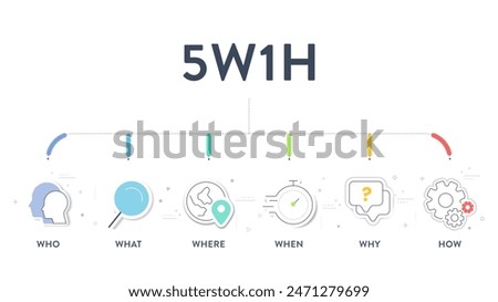 5w1h analysis diagram vector is cause and effect flowcharts, it helps to find effective solutions for problems or for structuring organization, has 6 steps such as who, what, when, where, why and how.