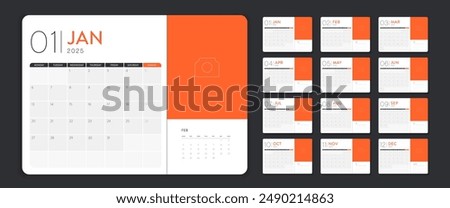 Calendar template 2025 creative minimal business monthly. Desk, wall calendar for print, digital calendar or planner. Week start on Monday. Simple modern annual calendar layout design element. Vector.