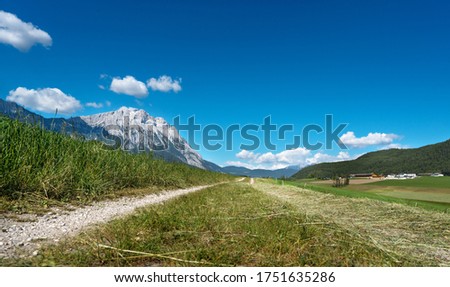 Image, Stock Photo Path trough agriculural meadows in Austrian Alps, Mieminger Plateau, Tyrol, Austria