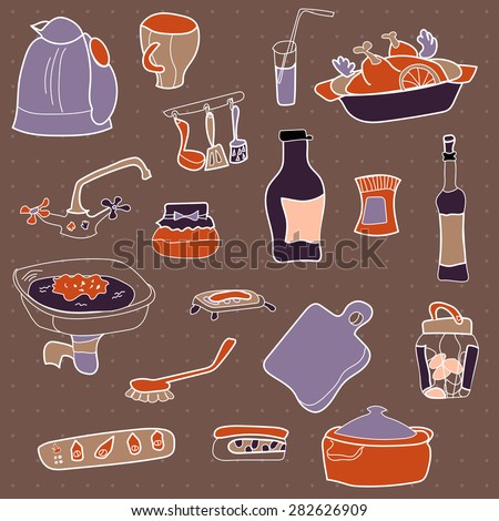 Set of vector illustrations for kitchen - food, dishes, dinnerware.\
Isolated on a black background for cafe menu, fliers, chalkboard.