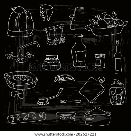 Set of vector illustrations for kitchen - food, dishes, dinnerware.
Isolated on a black background for cafe menu, fliers, chalkboard.