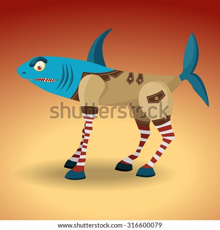 Monster mix. Animals horse and sharks. Dressed in a coat of the original design. Flat cartoon characters. EPS10 vector illustration.