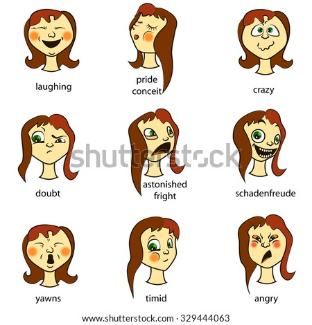 Cartoon Faces Brunette Girls With Different Emotions As Happiness ...