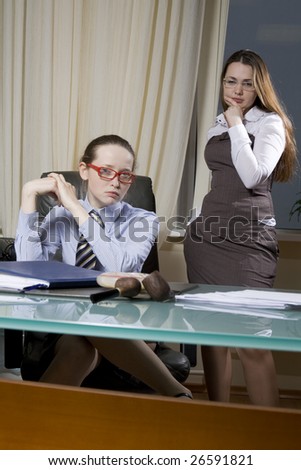 Boss has a bad mood. Secretary try to suggest to boss coffee. Interior of office. Office people. financial crunch. finance department